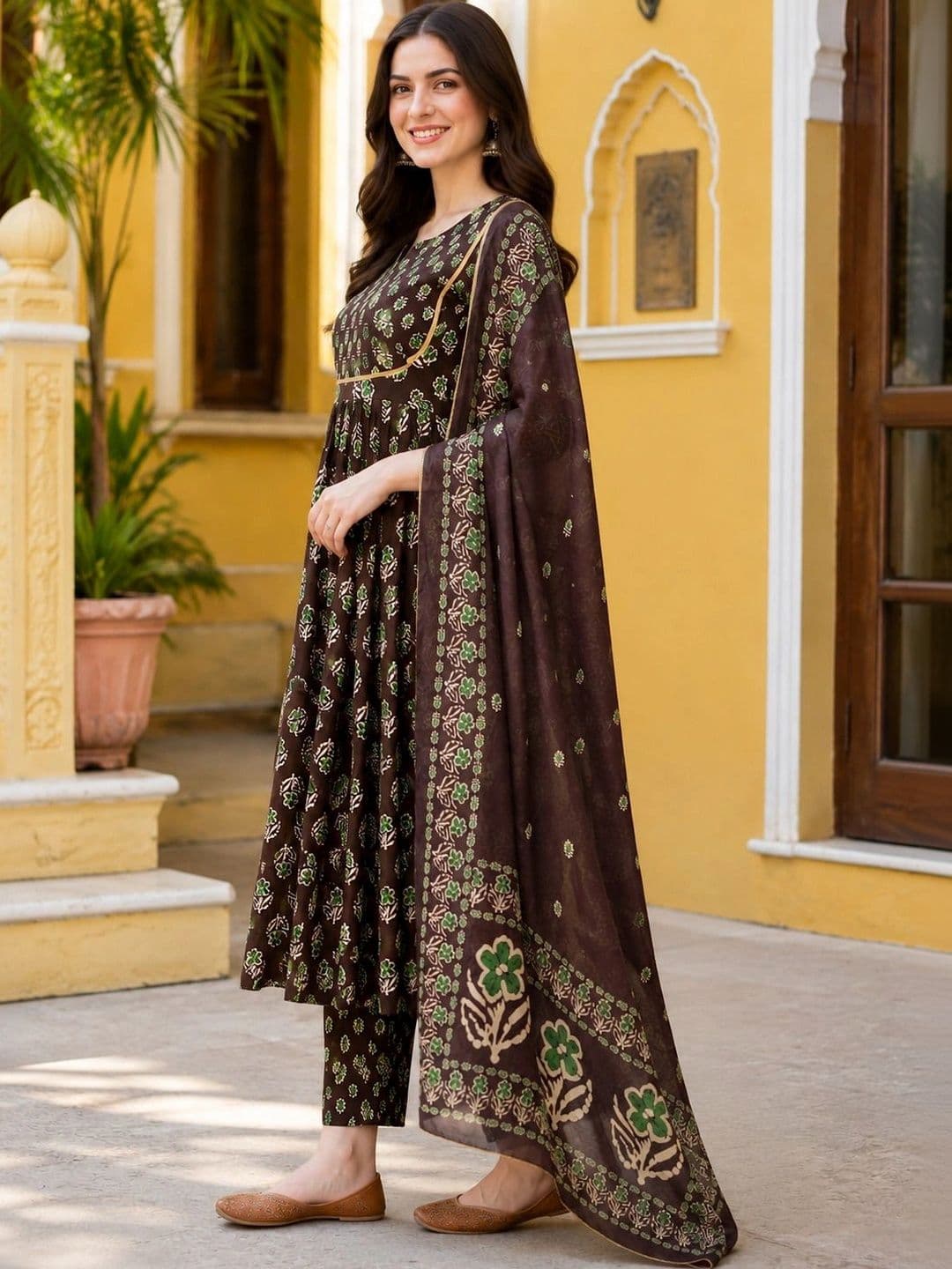 HIVA TRENDZ Women Ethnic Motifs Empire Pure Cotton Kurta with Trousers & With Dupatta thumbnail 2