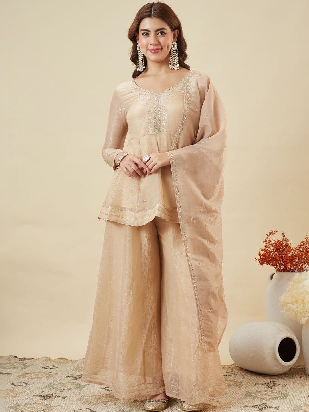 MOKOSH Women Silk Embroidered Kurta And Sharara Set With Dupatta - view 1
