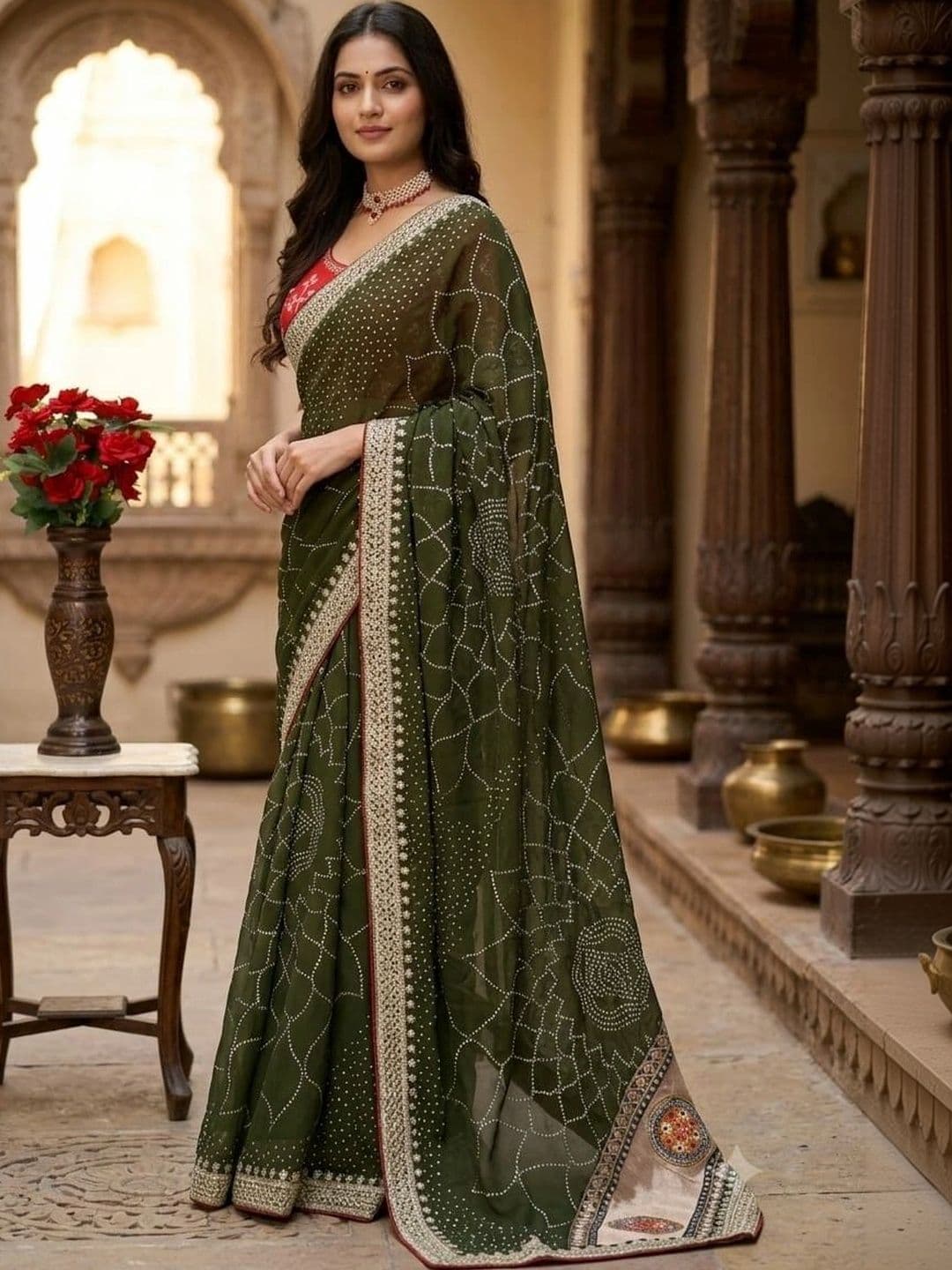 SmileyFashion Bandhani Embroidered Art Silk Designer Saree thumbnail 3