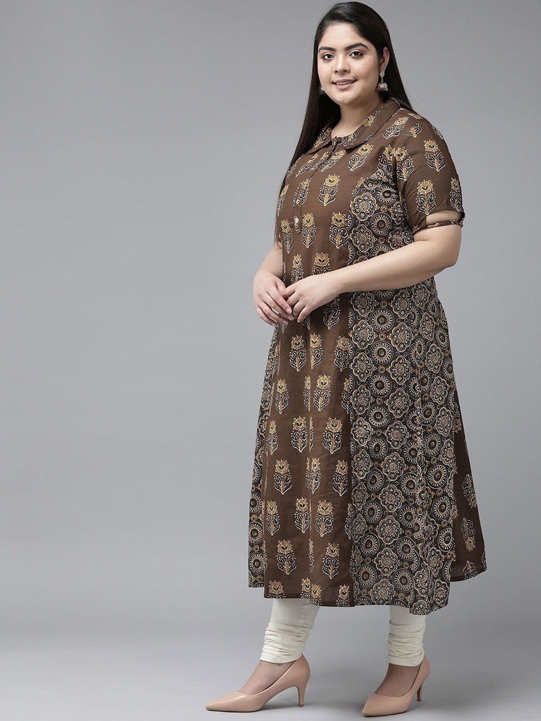 KALINI Plus Size Floral Printed Shirt Collar Cotton A Line Kurta thumbnail 5