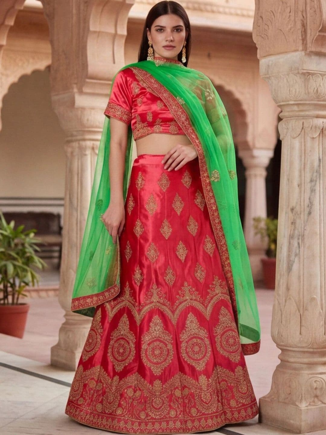 Mitera Embroidered Semi-Stitched Lehenga & Unstitched Blouse With Dupatta thumbnail 3