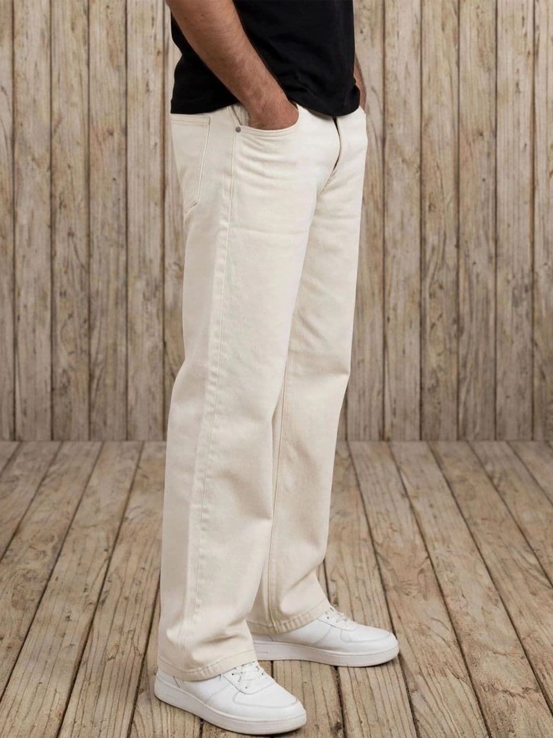 HERE&NOW Men's Off-White Solid Wide-Leg Jeans thumbnail 6
