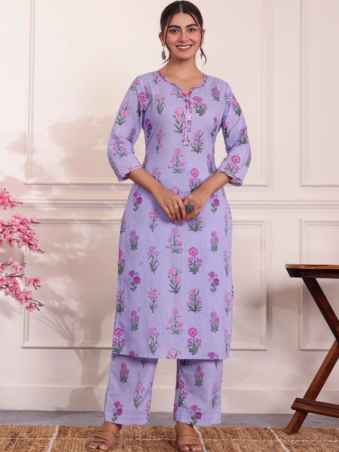 Aramya Women Floral Printed Regular Sequinned Pure Cotton Kurta with Palazzos - view 1