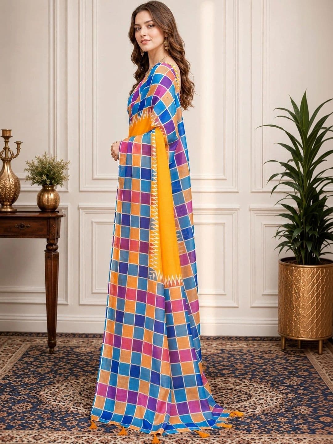 V3 FASHION STUDIO Checked Zari Linen Blend Handloom Block Print Saree thumbnail 4