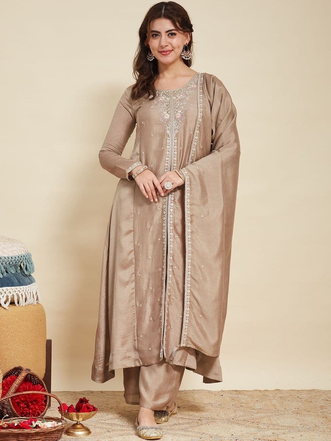 MOKOSH Women Silk Embroidered Anarkali Kurta and Pant with Dupatta Set - view 1