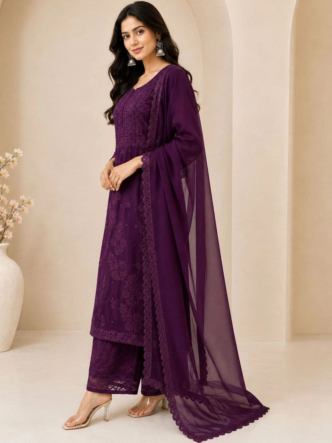 Meghrika Ethnics Women Ethnic Motifs Embroidered Regular Thread Work Kurta with Palazzos & With Dupatta thumbnail 6