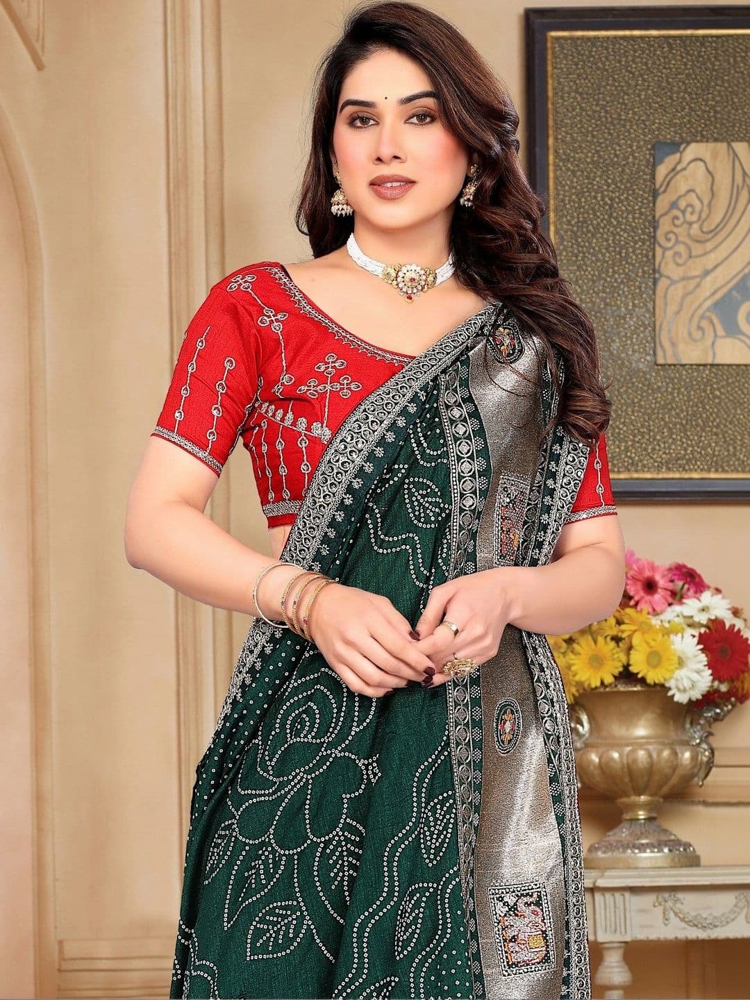 SmileyFashion Bandhani Embroidered Art Silk Designer Saree thumbnail 6