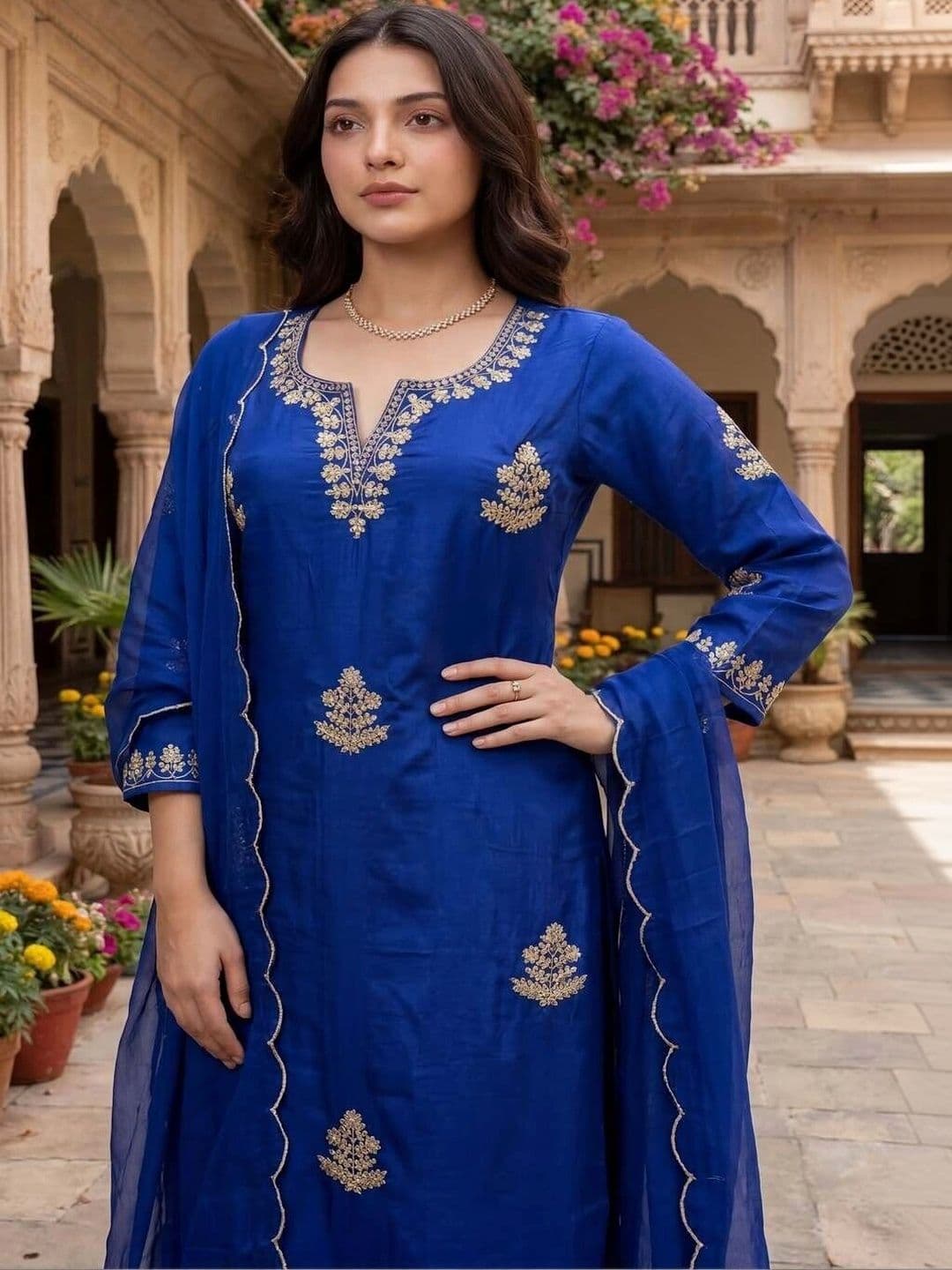 KALINI Women Ethnic Motifs Embroidered Regular Chanderi Silk Kurta with Trousers & Dupatta thumbnail 7