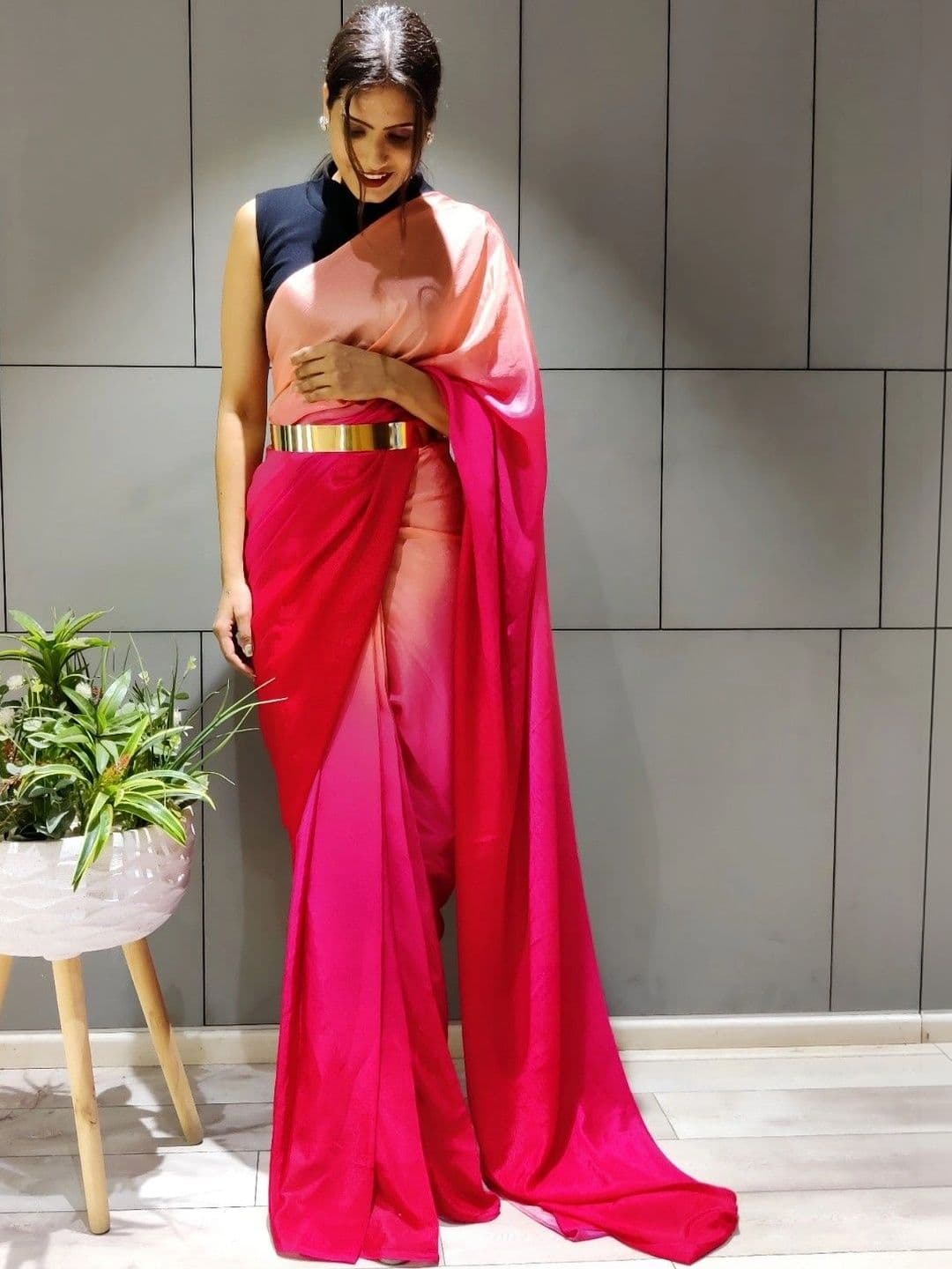 Sangria Ombre Poly Chiffon Belted Maheshwari Saree thumbnail 4