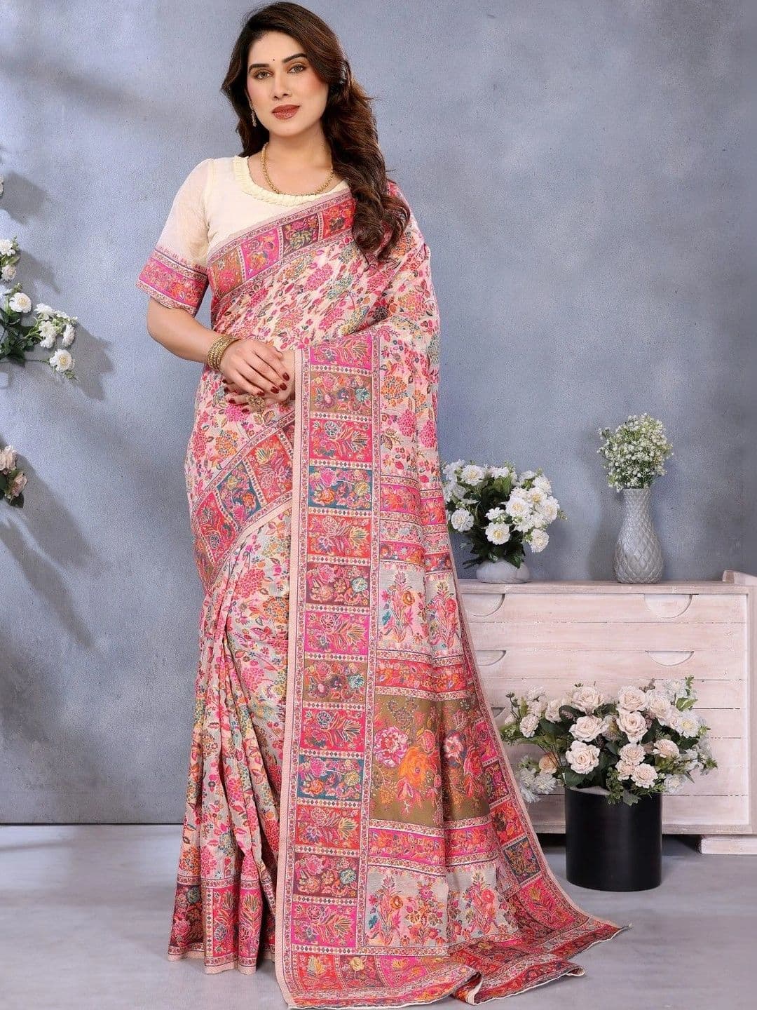 Sangria Paisley Embroidered Pashmina Designer Chanderi Saree - view 1