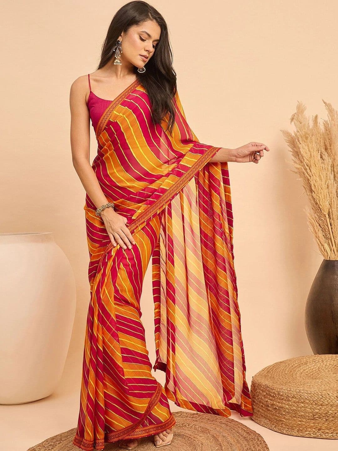 KALINI Women Leheriya Pure Georgette Fusion Saree thumbnail 6