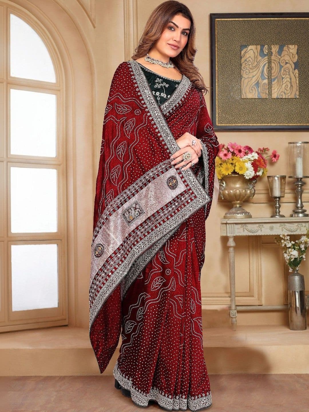 SmileyFashion Embellished Zari Art Silk Designer Saree thumbnail 2