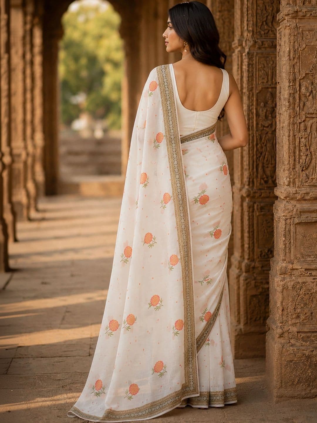 KALINI Floral Linen Blend Designer Block Print Saree thumbnail 3