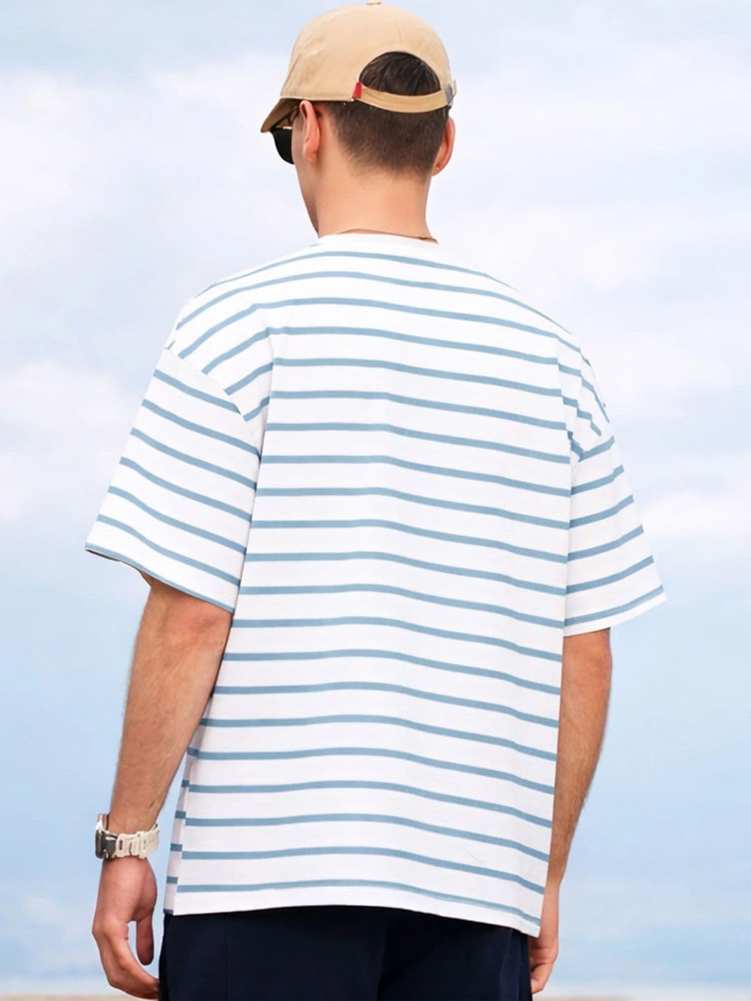 Moda rapido X TOGS & TERRE Men Striped Drop-Shoulder Sleeves Organic Cotton Blend T-shirt thumbnail 2