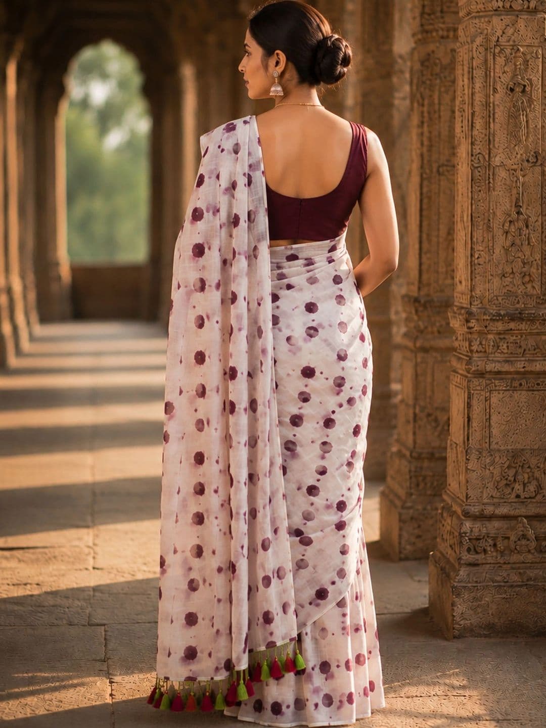 KALINI Polka Dot Linen Blend Designer Block Print Saree thumbnail 4