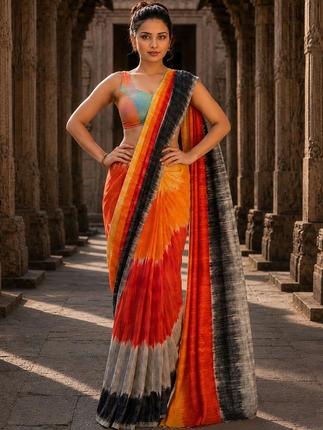 KALINI Tie and Dye Linen Blend Designer Block Print Saree thumbnail 5