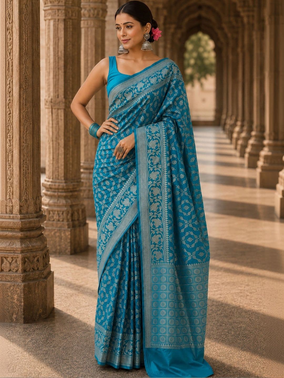 Anjaneya Sarees Woven Design Zari Silk Blend Designer Banarasi Saree thumbnail 4