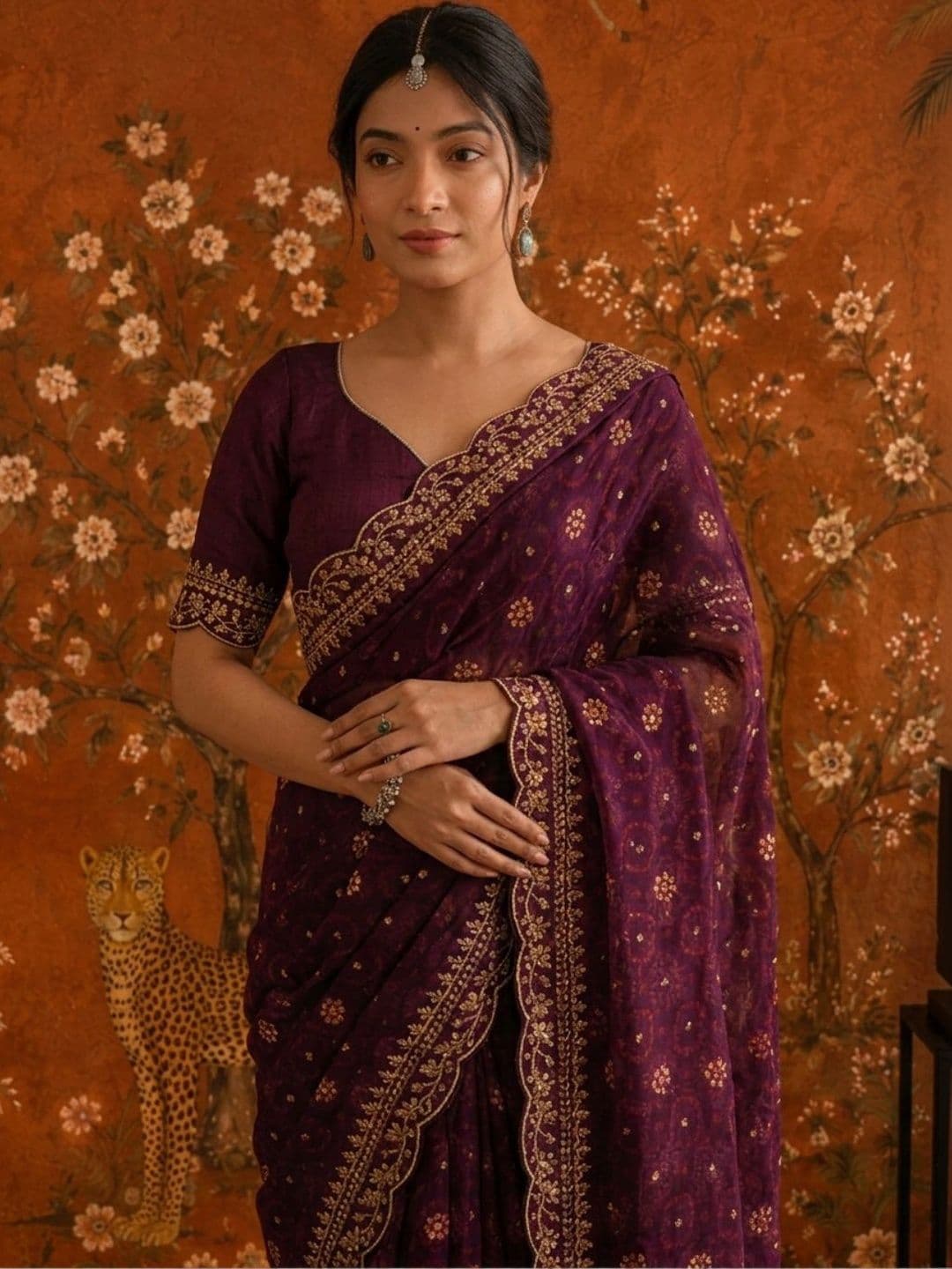 Sangria Floral Embroidered Poly Georgette Saree - view 1