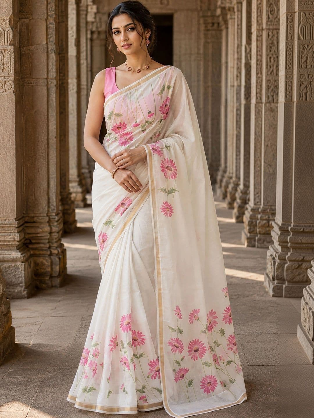 Mitera Floral Linen Blend Designer Block Print Saree - view 1