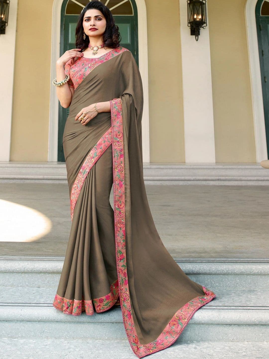 Peachmode Floral Embroidered Poly Georgette Saree - view 1