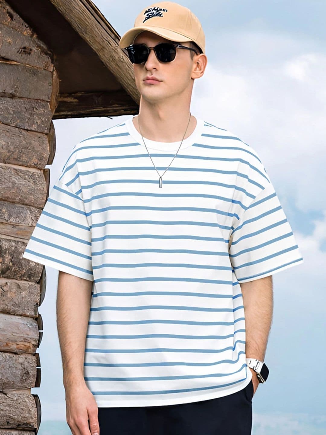 Moda rapido X TOGS & TERRE Men Striped Drop-Shoulder Sleeves Organic Cotton Blend T-shirt - view 1