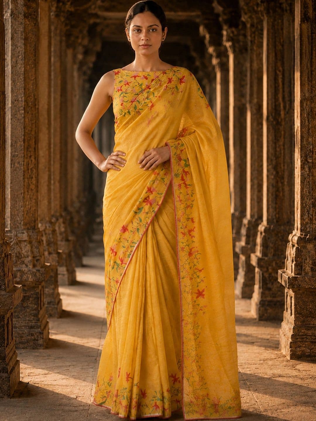 Aldwych Embroidered Linen Blend Designer Block Print Saree thumbnail 4