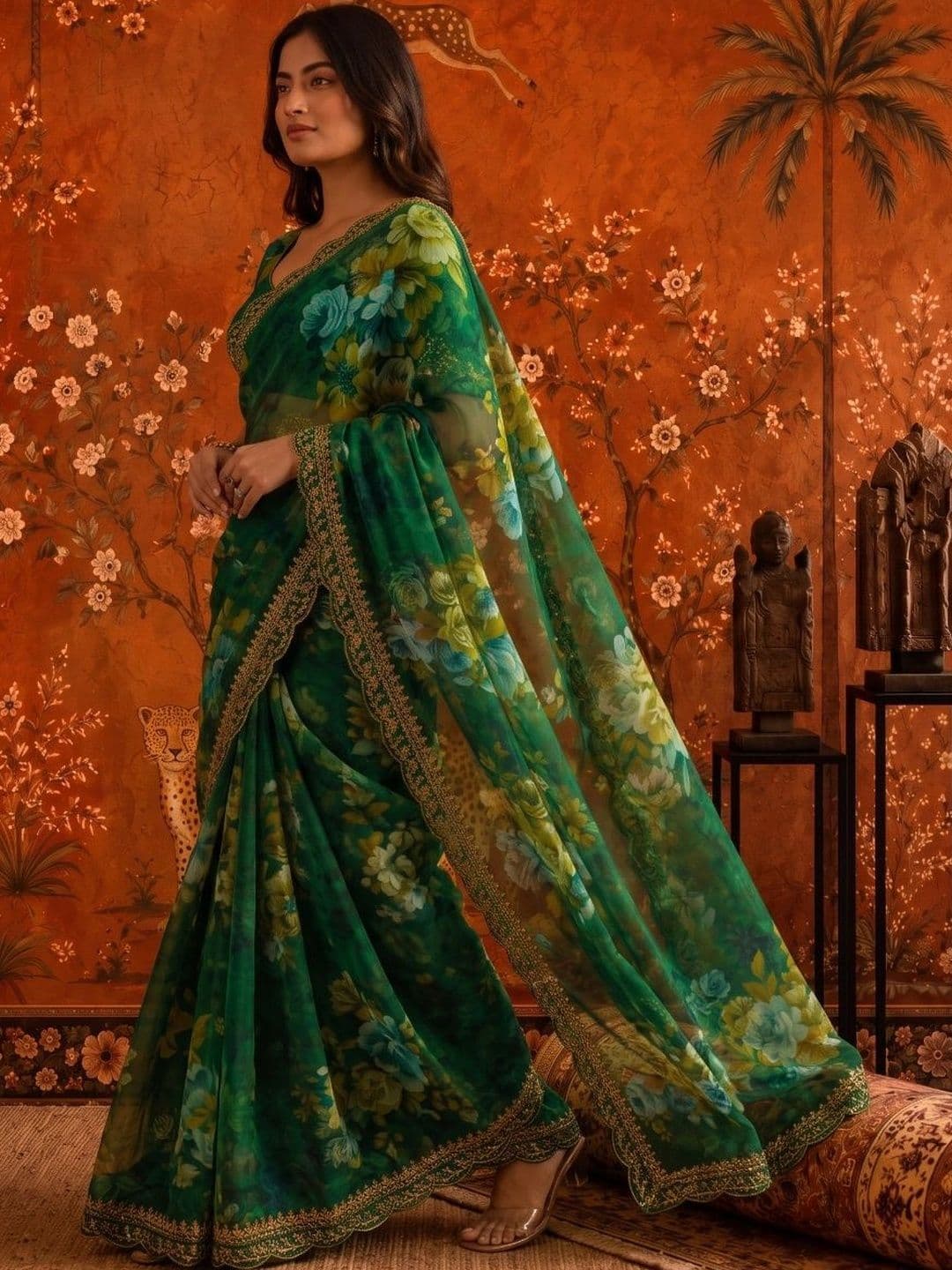 Sangria Floral Embroidered Poly Georgette Saree - view 1