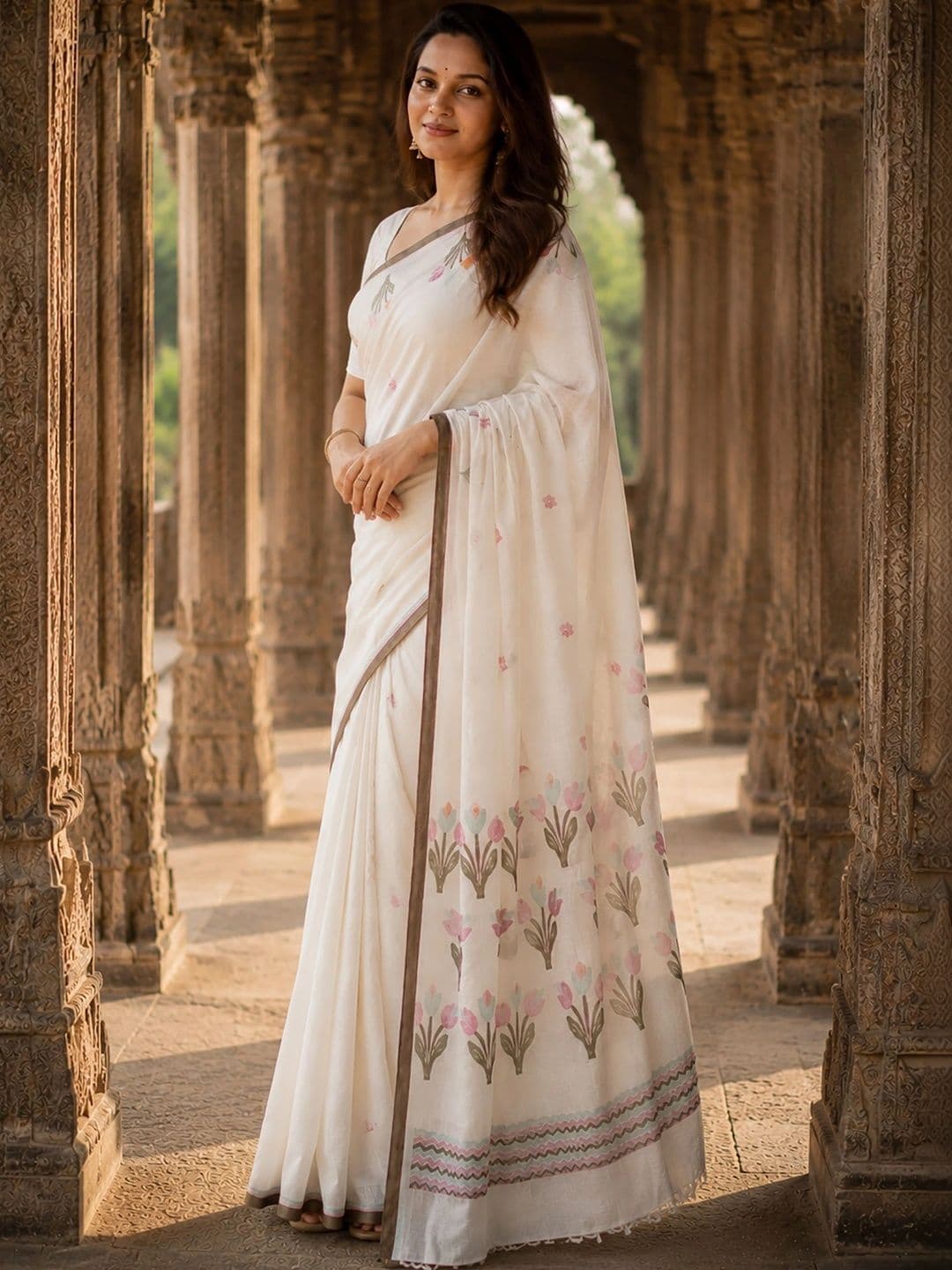 KALINI Floral Linen Blend Designer Block Print Saree thumbnail 2