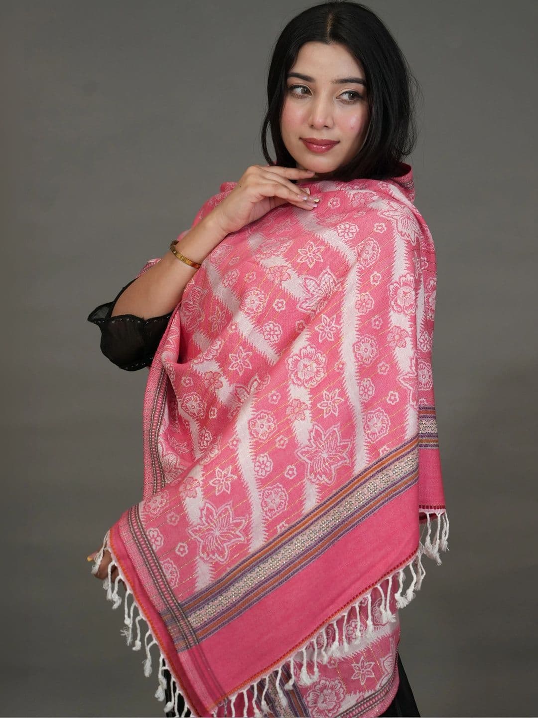SHIFNEEN Women Floral Woven Design Acrylic Shawl thumbnail 4