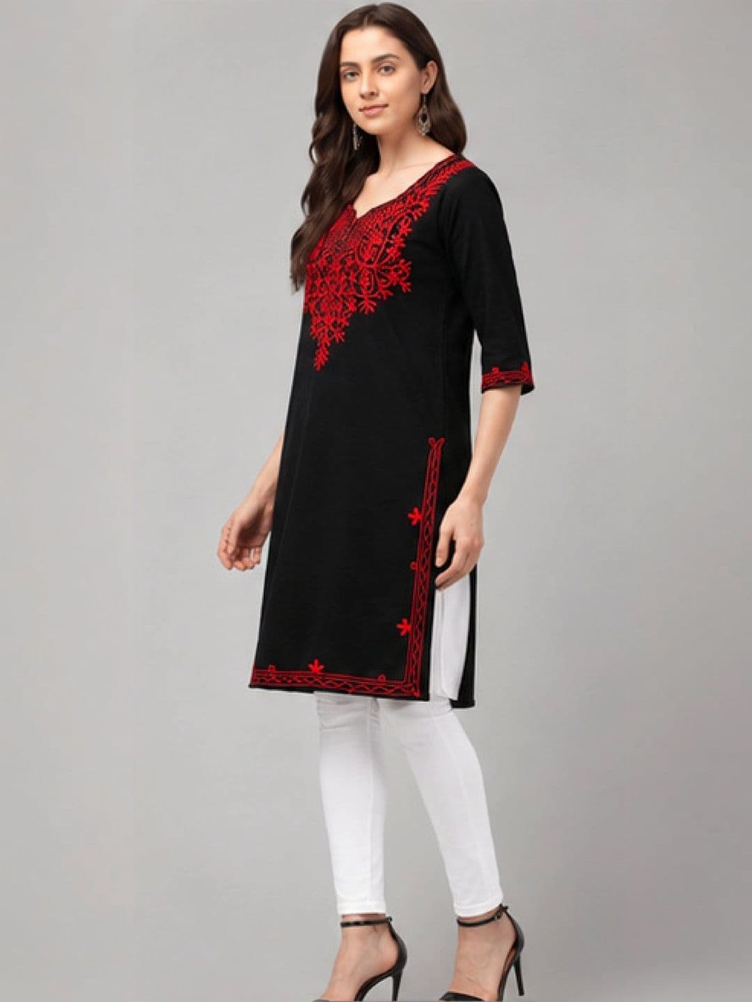 ERUDITE CLUB Women Ethnic Motifs Embroidered Thread Work Woollen Kurta thumbnail 3
