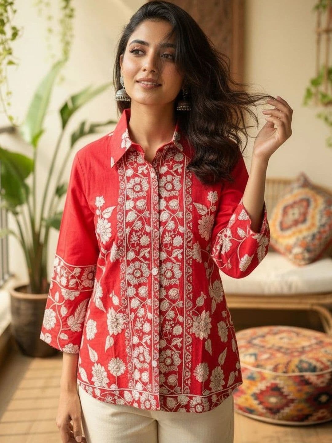 Anouk Floral Embroidered Shirt Collar Pure Cotton Blend Kurti thumbnail 4