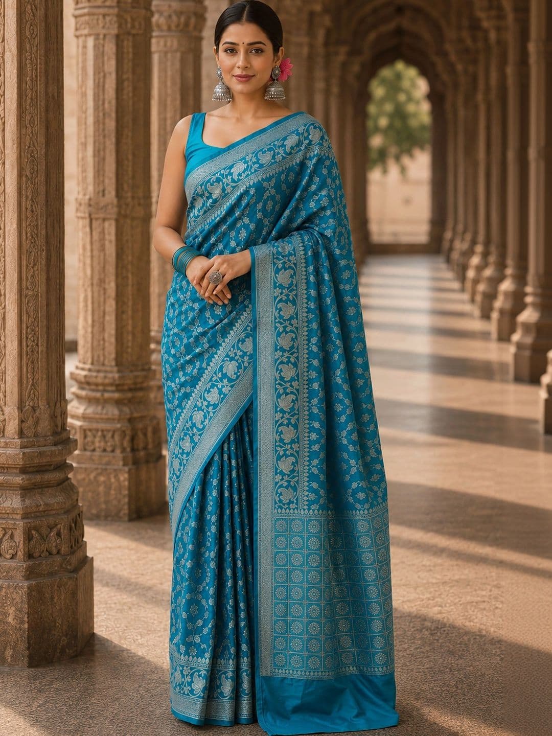 Anjaneya Sarees Woven Design Zari Silk Blend Designer Banarasi Saree thumbnail 5