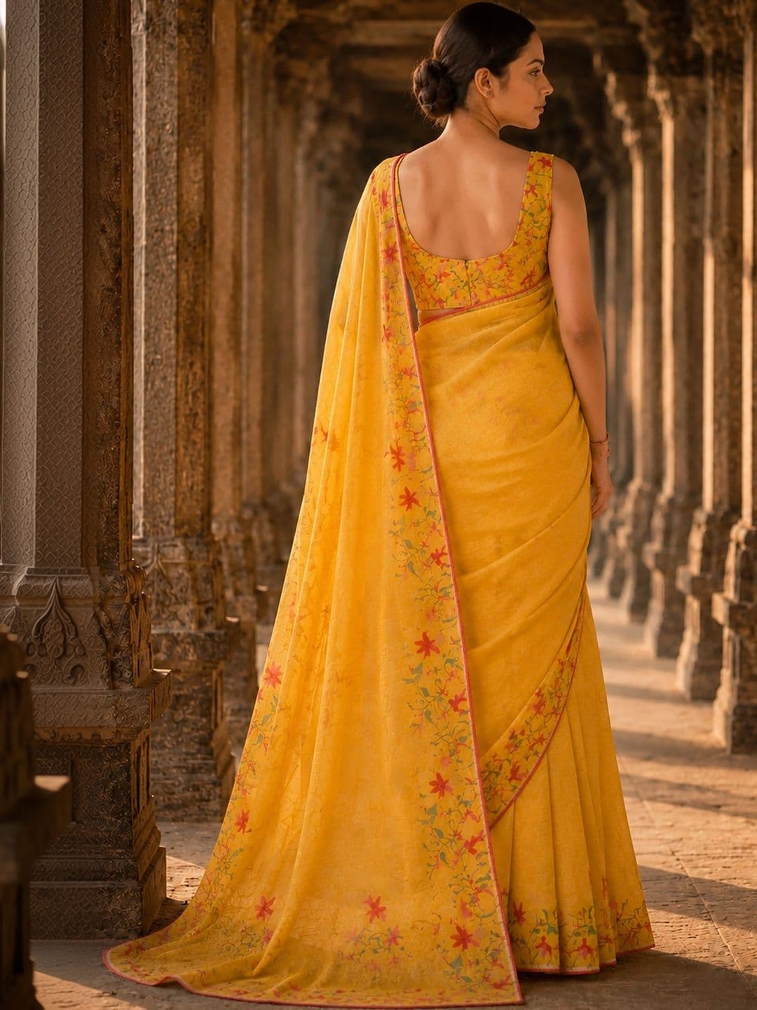 Aldwych Embroidered Linen Blend Designer Block Print Saree thumbnail 3