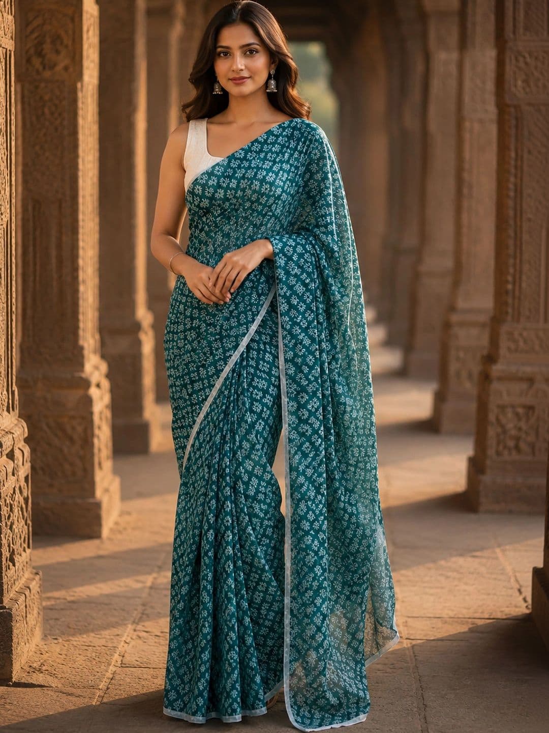KALINI Linen Blend Designer Block Print Saree - view 1