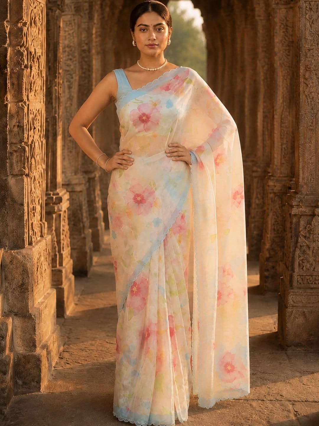 KALINI Floral Linen Blend Designer Block Print Saree thumbnail 3