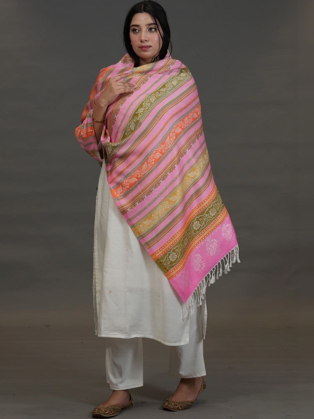 SHIFNEEN Women Striped Printed Acrylic Shawl thumbnail 2