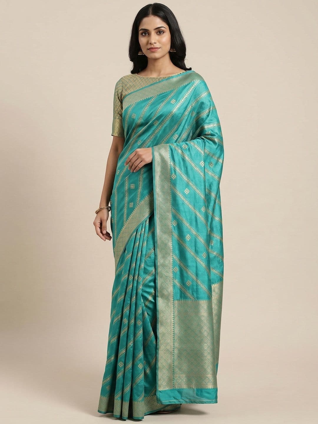 Peachmode Ethnic Motifs Woven Design Zari Silk Blend Saree - view 1