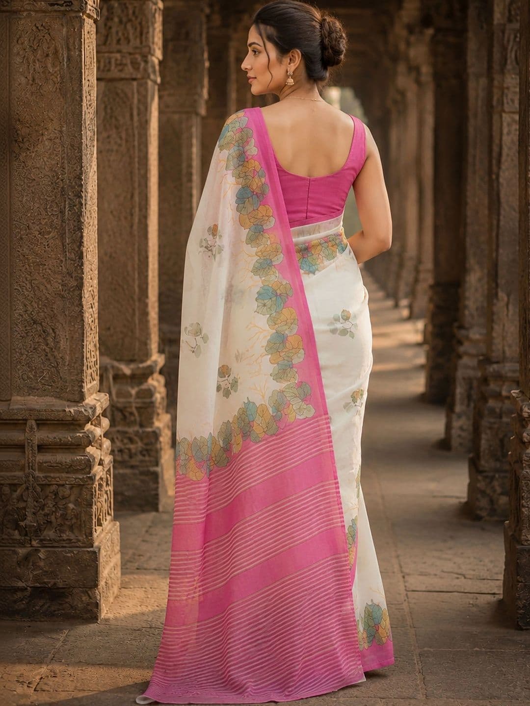 KALINI Floral Linen Blend Designer Block Print Saree thumbnail 2