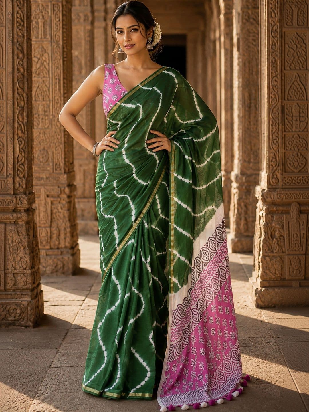 KALINI Bandhani Linen Blend Designer Block Print Saree - view 1