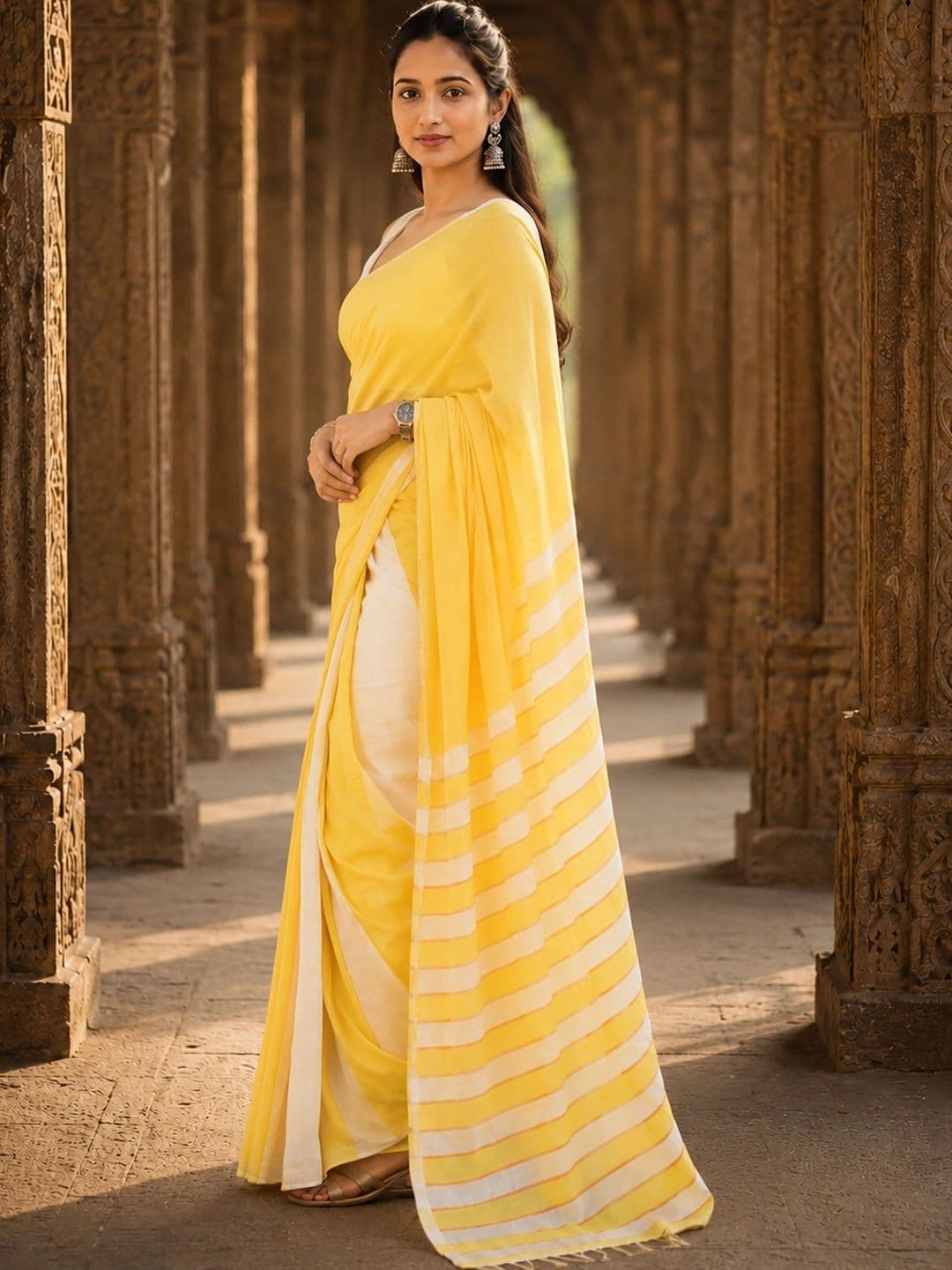 KALINI Striped Linen Blend Designer Block Print Saree thumbnail 5