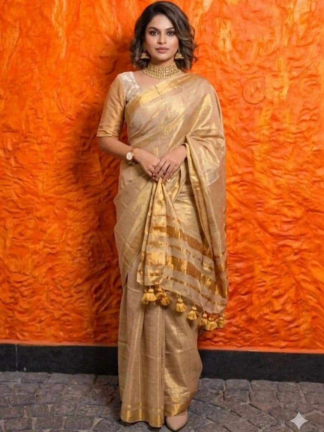 srinjan fashion Striped Zari Tissue Handloom Tussar Saree thumbnail 3
