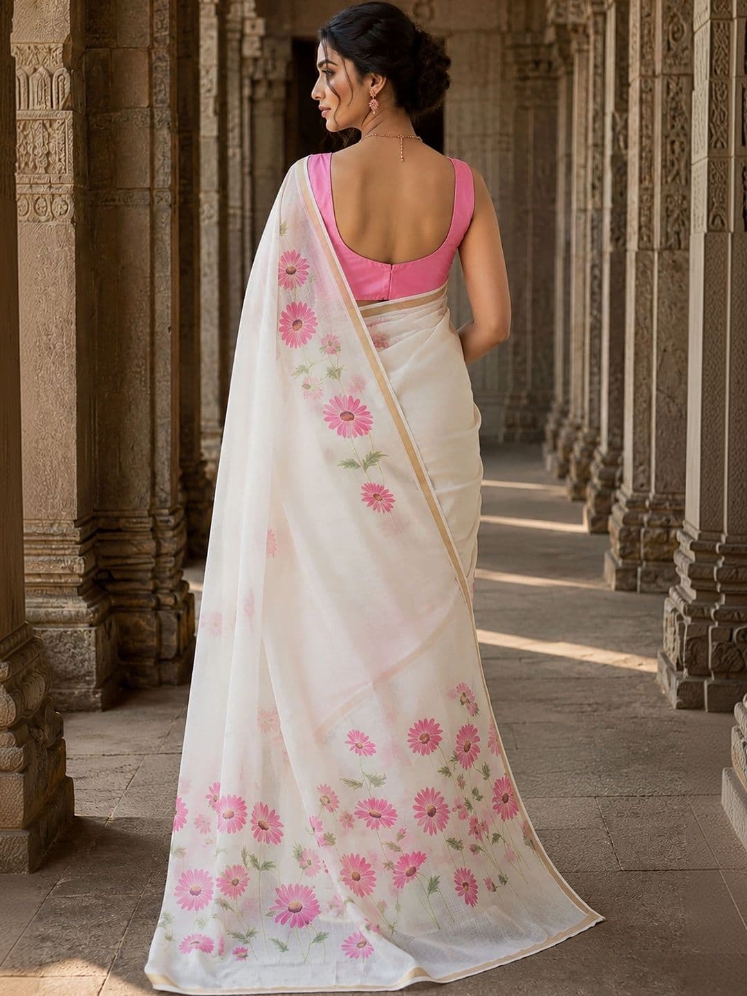 Mitera Floral Linen Blend Designer Block Print Saree thumbnail 3