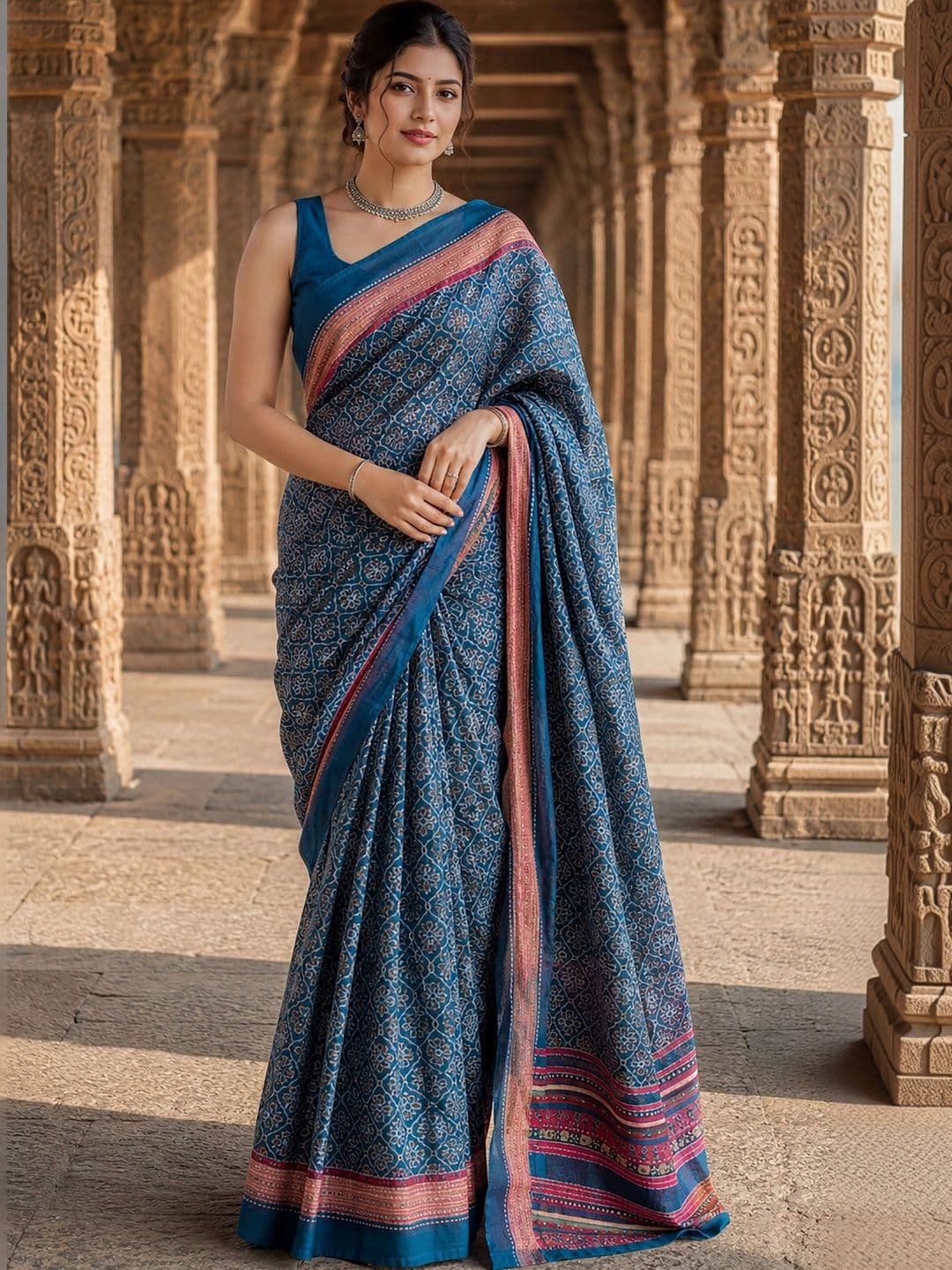 Aldwych Linen Blend Designer Block Print Saree - view 1