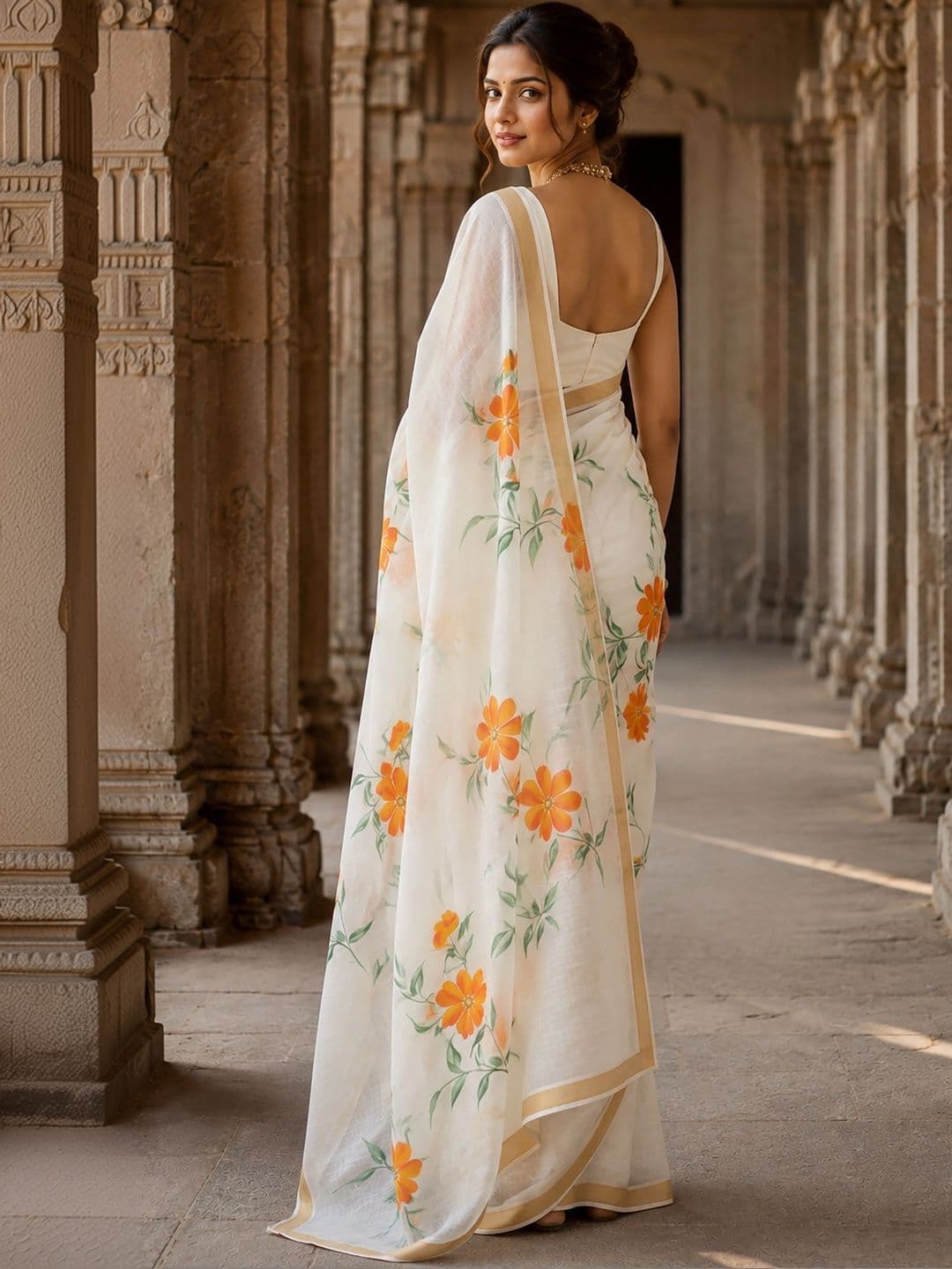KALINI Floral Linen Blend Designer Block Print Saree thumbnail 5