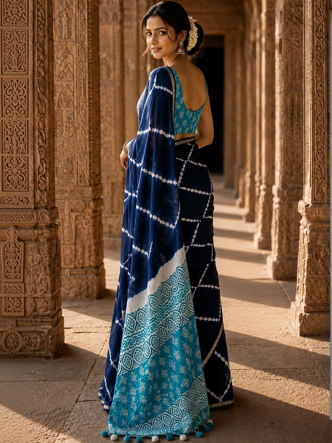 KALINI Tie and Dye Linen Blend Designer Block Print Saree thumbnail 5