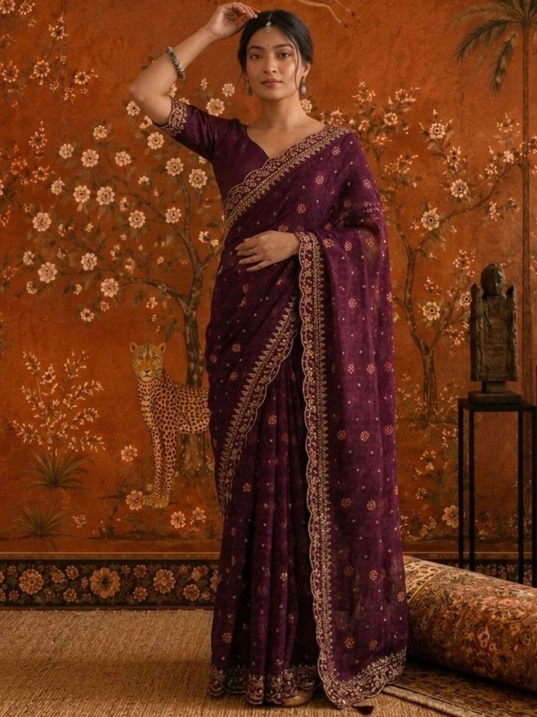 Sangria Floral Embroidered Poly Georgette Saree thumbnail 3