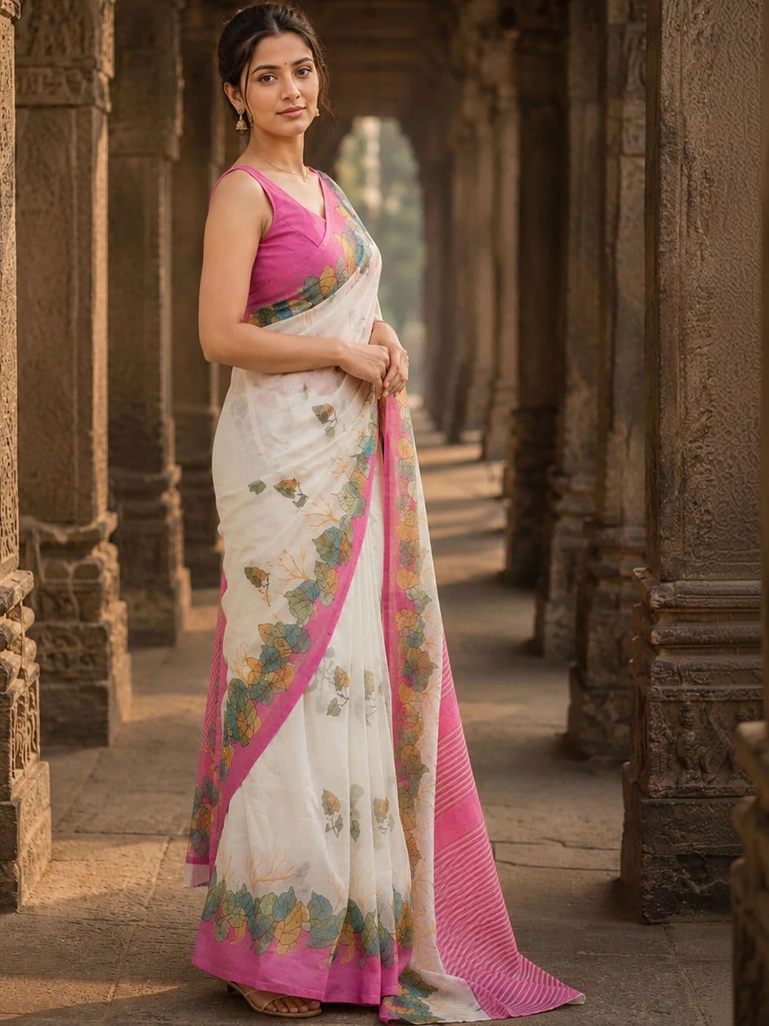 KALINI Floral Linen Blend Designer Block Print Saree thumbnail 5