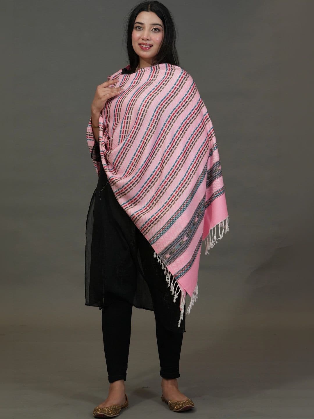 SHIFNEEN Women Striped Woven Design Acrylic Shawl - view 1