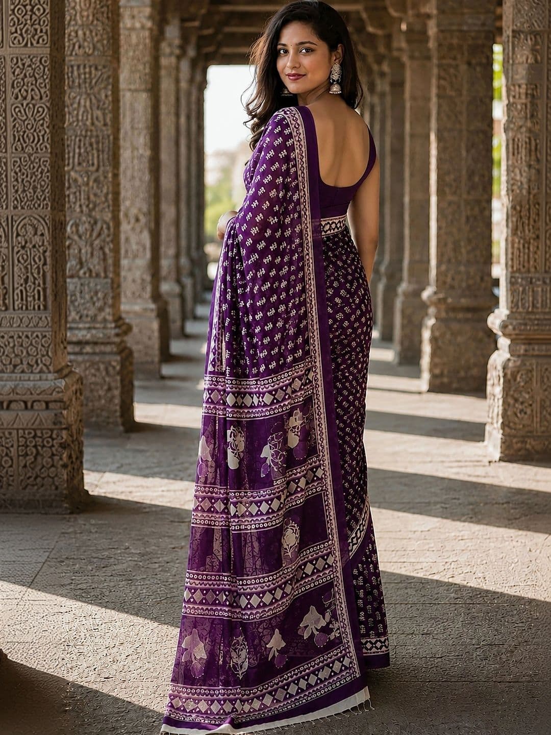 Aldwych Linen Blend Designer Block Print Saree thumbnail 4