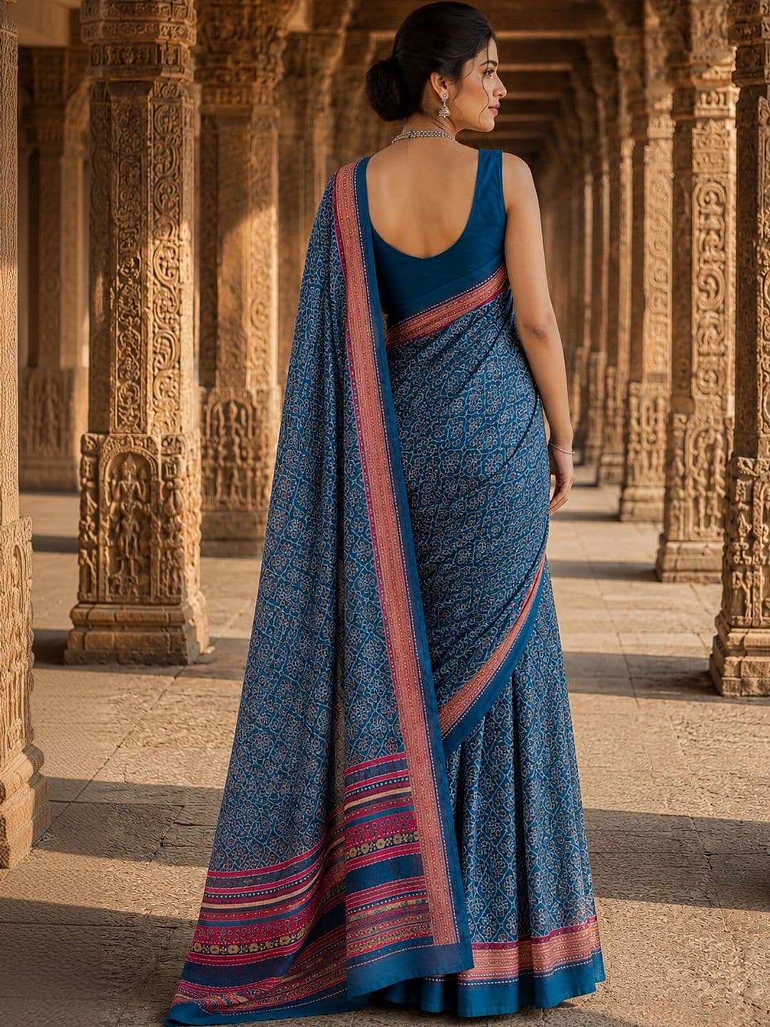Aldwych Linen Blend Designer Block Print Saree thumbnail 5